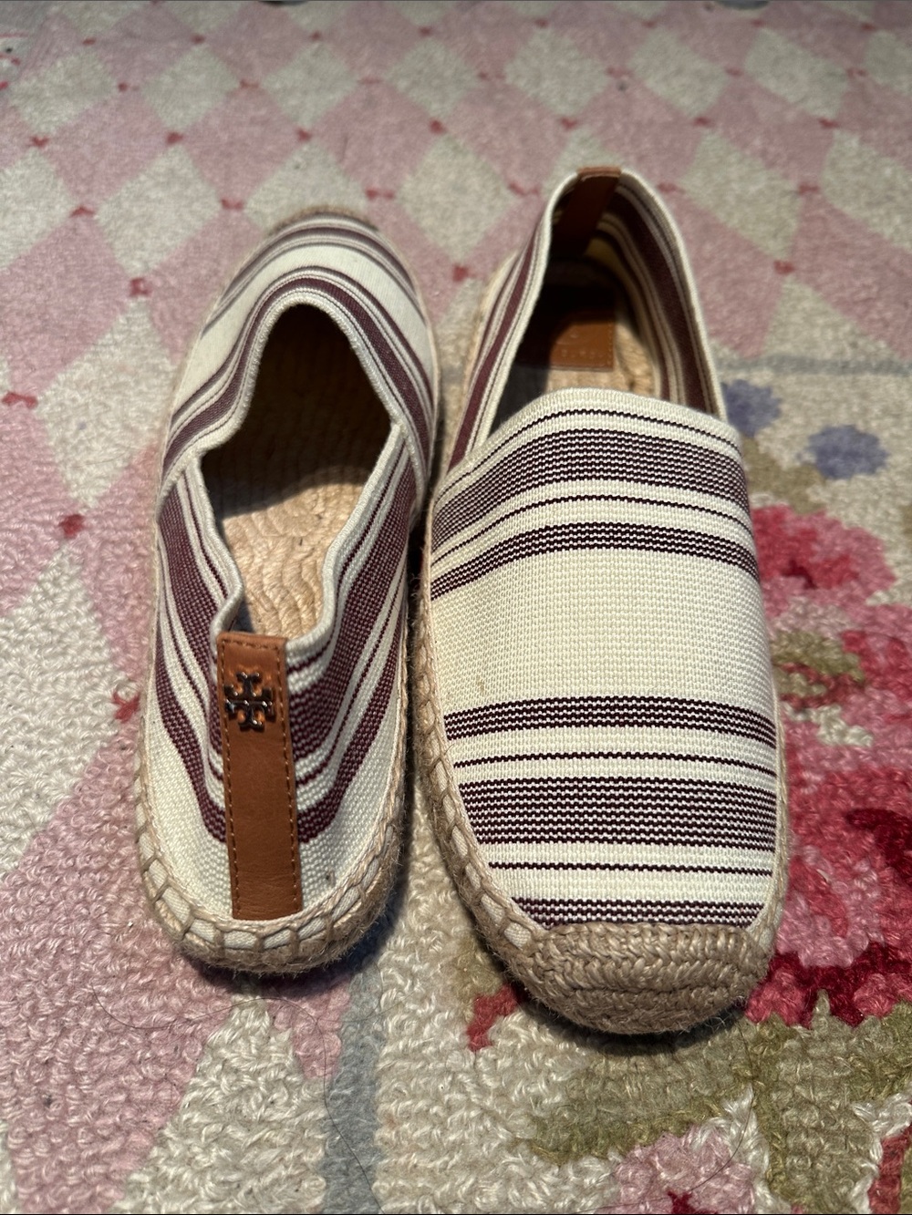 Tory Burch Cream Canvas Espadrille with Burgundy Stripes
